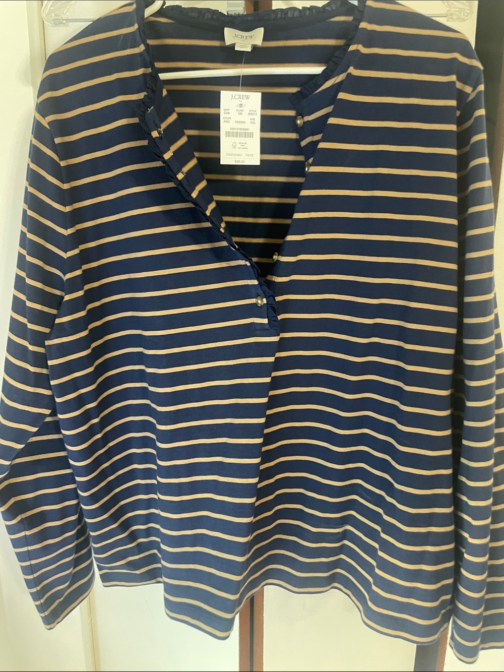 J. Crew Navy and Tan Striped Long-Sleeve Shirt